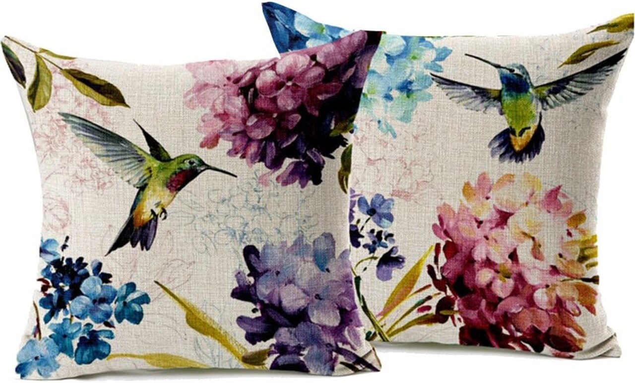 2 Pcs - 18" Vintage Tree and Flower Birds Printing Cotton Linen Throw Covers Throw Covers Square Throw Pillow Covers Cushion Cover Pillowcase (Hummingbird All (Set of 2))